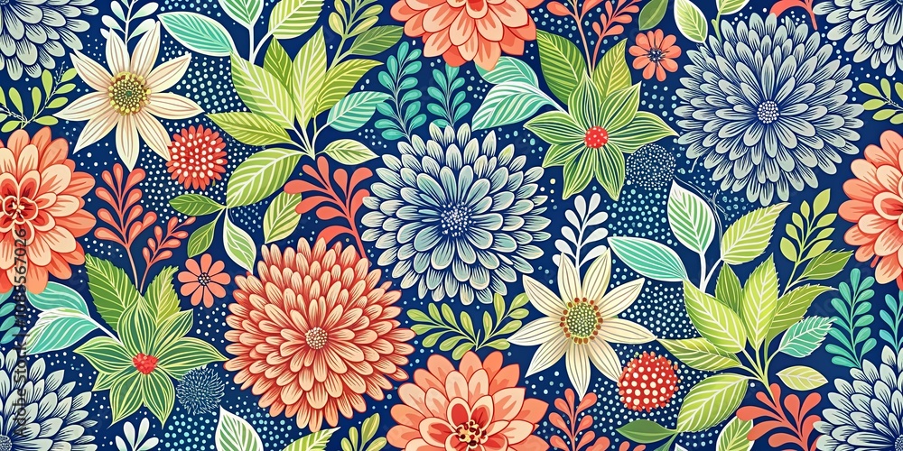 Seamless Floral Pattern with Delicate Blooms and Lush Greenery on a Navy Background Seamless Floral Pattern with Delicate Blooms and Lush Greenery on a Navy Background