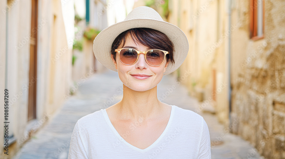 Exploring the charming streets woman portrait historic town sunlit environment close-up view travel inspiration Exploring the charming streets woman portrait historic town sunlit environment close-up view travel inspiration