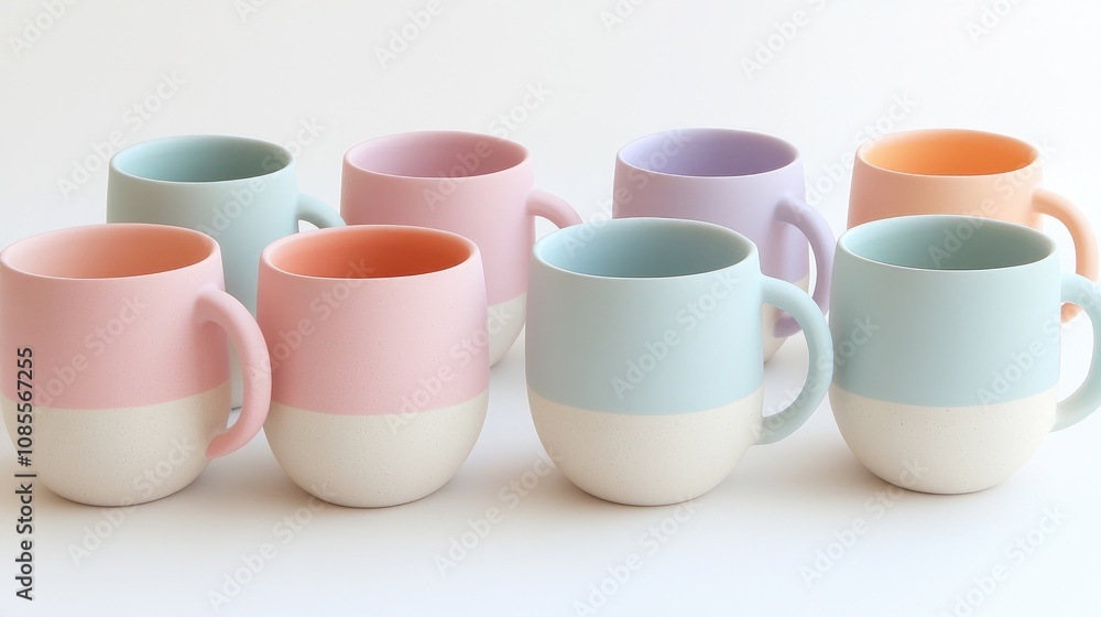 A Collection of Colorful Ceramic Mugs in Soft Pastel Shades Arranged Harmoniously on a White Surface for a Minimalist Aesthetic Appeal