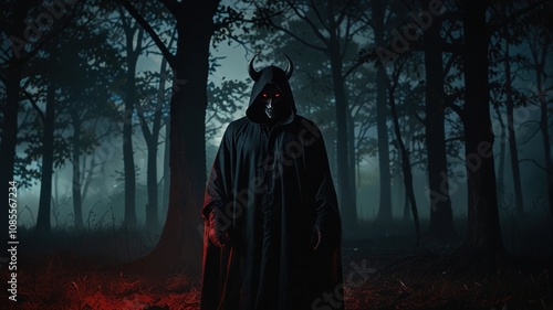 A mysterious figure in a black hooded cloak and devil horns stands in a dark, misty forest.