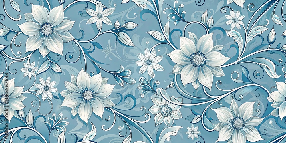 Delicate white flowers with intricate floral patterns on a light blue background Delicate white flowers with intricate floral patterns on a light blue background