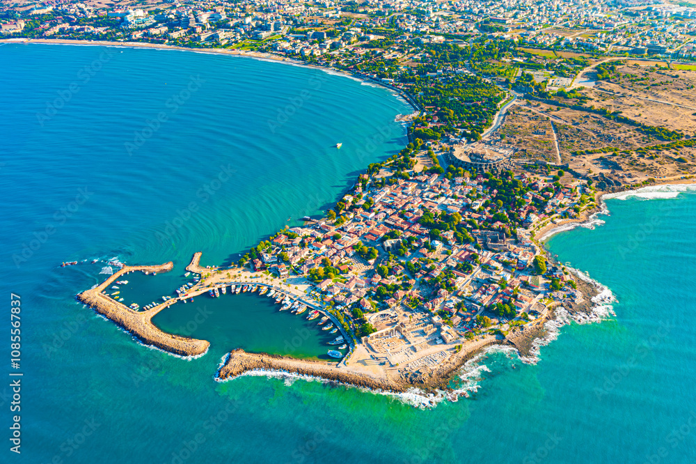 Aerial view of ancient Side town, Antalya Province, Turkey