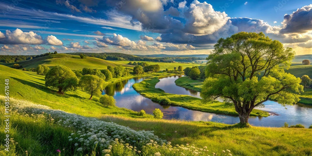 Fototapeta premium Serene River Winding Through Lush Green Meadows with a Single Tree Standing Tall Under a Bright Blue Sky with Fluffy White Clouds