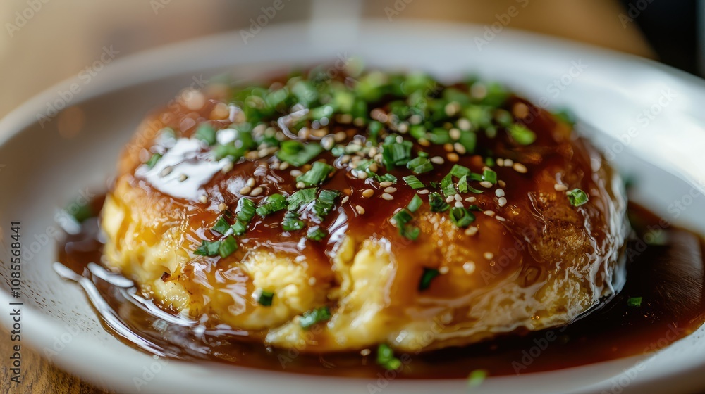 Savory Egg Foo Young with Toppings and Sauce Savory Egg Foo Young with Toppings and Sauce