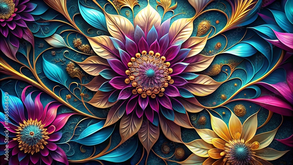 A vibrant floral arrangement with overlapping petals in shades of pink, yellow, teal, and gold, framed by a background of swirling golden vines A vibrant floral arrangement with overlapping petals in shades of pink, yellow, teal, and gold, framed by a background of swirling golden vines