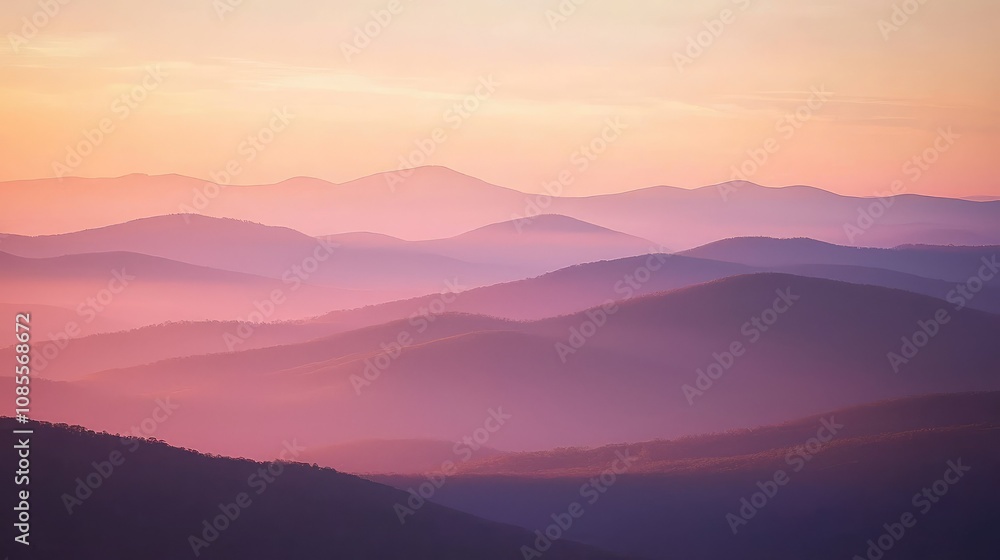 Serene Sunrise Over Mountain Range with Soft Light