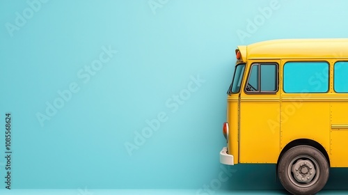 A colorful school bus with augmented reality windows showing interactive learning content during the ride. Futuristic, playful, bright tones.