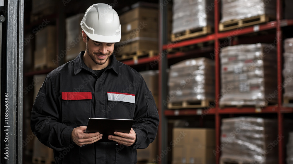 smiling warehouse worker in uniform and hard hat uses tablet in storage area. atmosphere is professional and organized, showcasing modern workspace smiling warehouse worker in uniform and hard hat uses tablet in storage area. atmosphere is professional and organized, showcasing modern workspace
