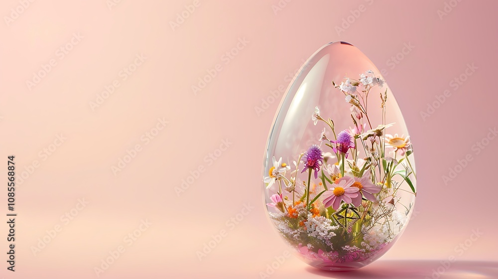 A translucent egg-shaped object filled with colorful flowers against a soft pink background. A translucent egg-shaped object filled with colorful flowers against a soft pink background.