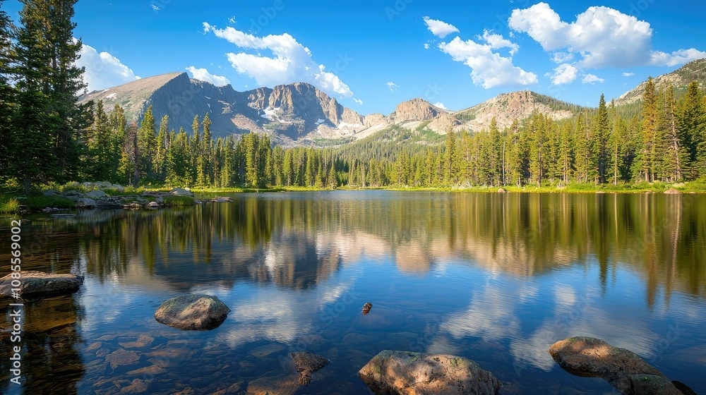 Serene Mountain Lake with Clear Reflecting Water Serene Mountain Lake with Clear Reflecting Water