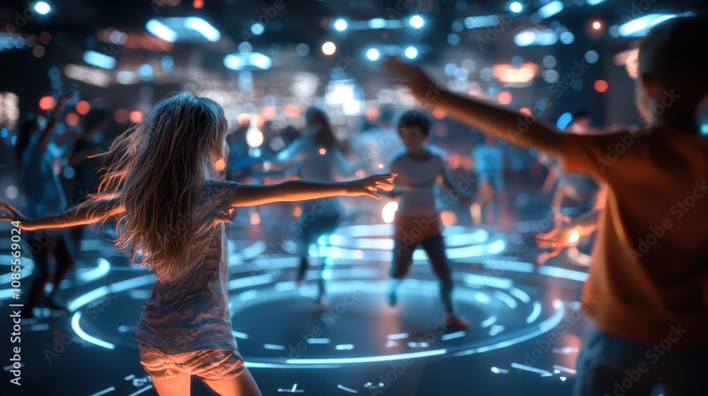 Fototapeta premium A birthday party in a futuristic virtual reality setting, with avatars dancing under bright neon lights and holographic banners. Sci-fi, vibrant, energetic.