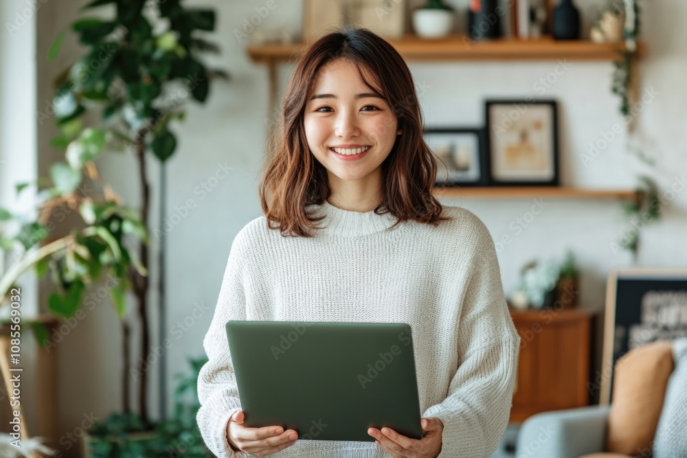 A Japanese woman holding a laptop, smiling at the camera in her living room. A Japanese woman holding a laptop, smiling at the camera in her living room.