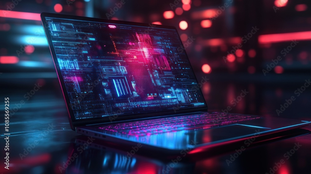 Futuristic laptop with neon digital interface. Futuristic laptop with neon digital interface.