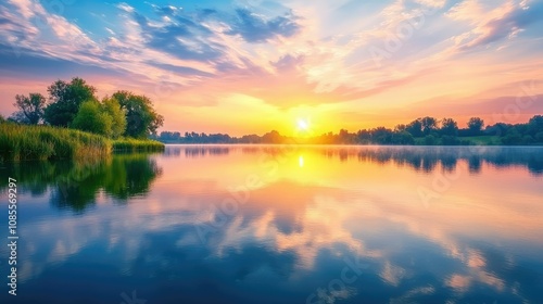 Serene Lakeside Sunset with Pastel Colors