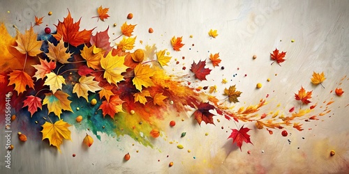 A vibrant autumnal arrangement with scattered leaves and colorful watercolor splatter on a textured beige background
