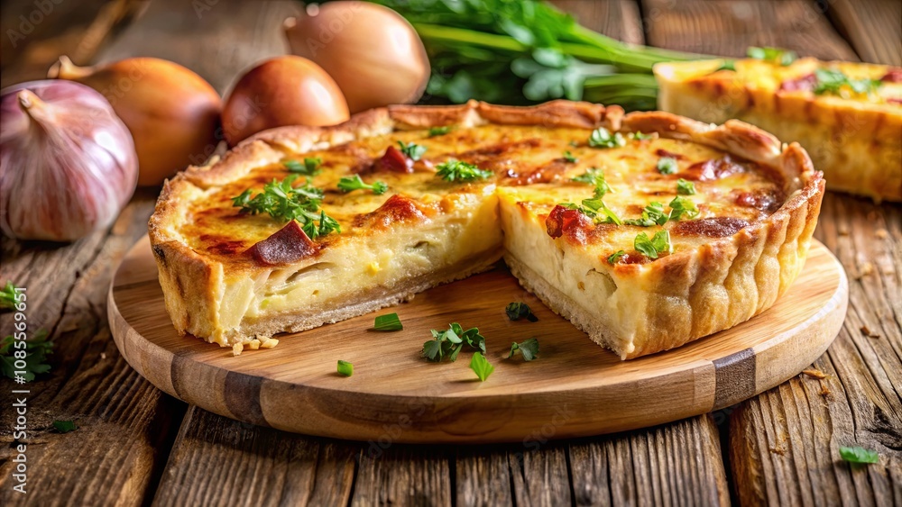 A savory quiche with a golden crust, a single slice removed, revealing a creamy and flavorful filling, is presented on a rustic wooden cutting board, accompanied by fresh parsley and onions. A savory quiche with a golden crust, a single slice removed, revealing a creamy and flavorful filling, is presented on a rustic wooden cutting board, accompanied by fresh parsley and onions.