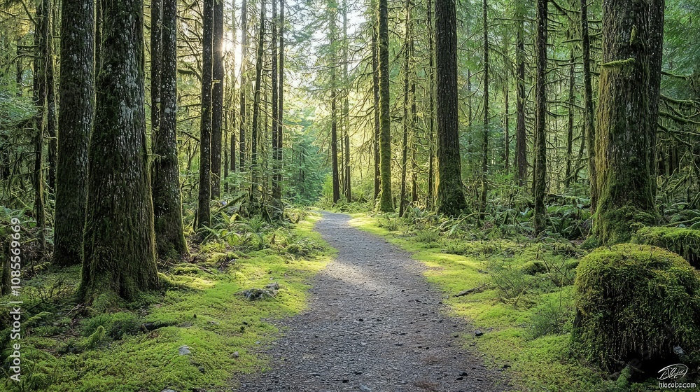 Obraz premium Serene Forest Path with Sunlight Filtering Through Trees