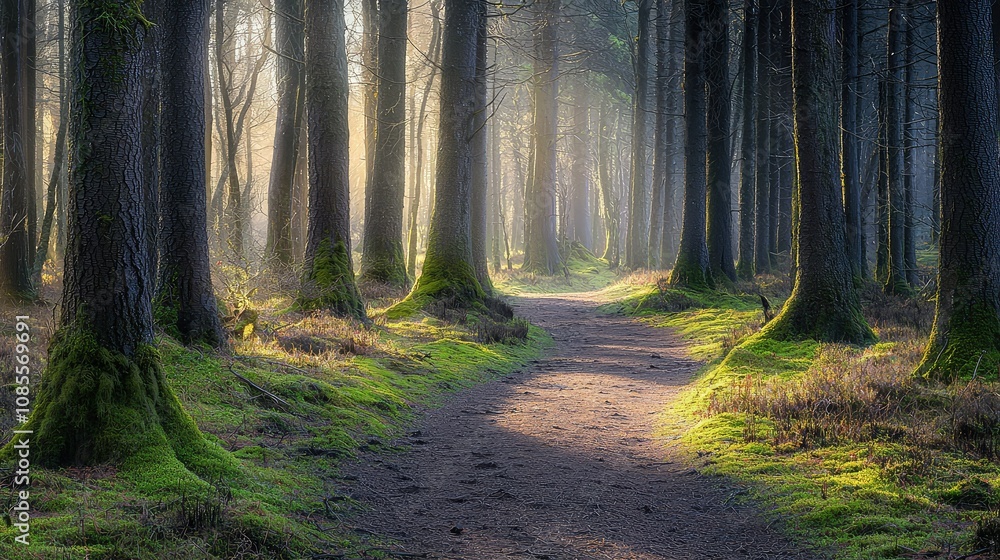 Fototapeta premium Serene Forest Path with Sunlight Filtering Through Trees