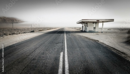 Abandoned old gas station on desert highway monochrome image