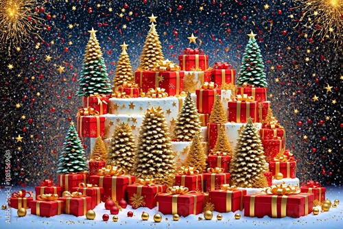 Illuminated decorated Christmas trees with red and gold garlands in snowy forest near Christmas presents in red boxes against background of fireworks and confetti