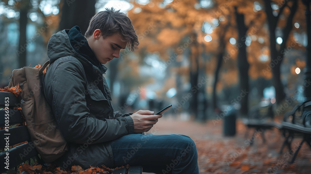 Young man using smartphone on park bench during autumn urban setting lifestyle photography tranquil atmosphere casual perspective Young man using smartphone on park bench during autumn urban setting lifestyle photography tranquil atmosphere casual perspective