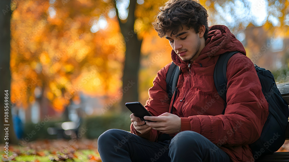 Obraz premium Young man using smartphone in autumn park lifestyle photography vibrant nature scene intimate perspective modern communication