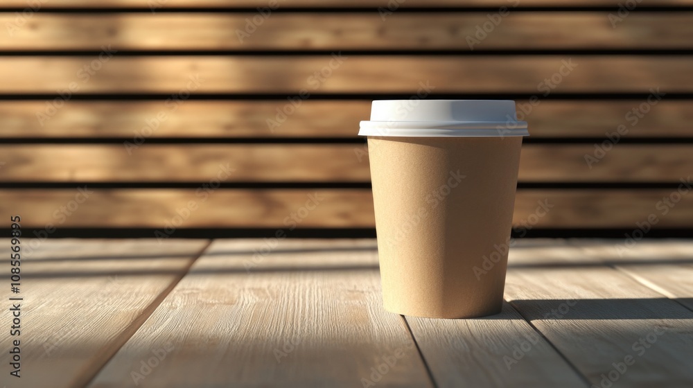 A paper coffee cup with a white plastic lid stands on the table. A paper coffee cup with a white plastic lid stands on the table.