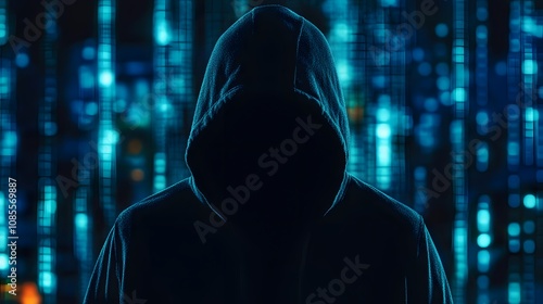 A mysterious figure in a hooded cloak stands against a backdrop of glowing digital data, symbolizing anonymity and the digital world.