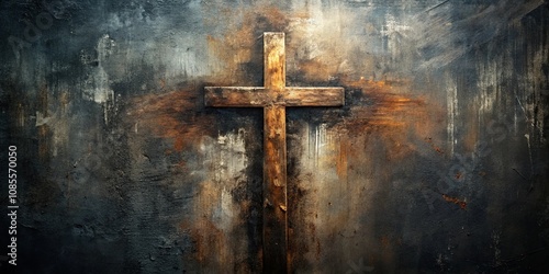 Rustic wooden cross against a backdrop of weathered, distressed painted metal with an overlay of faded, white brushstrokes.