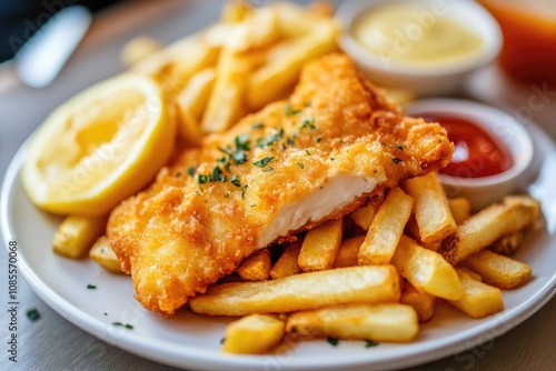 Tasty chicken and chips with lemon, ranch dressing, or ketchup on the side.