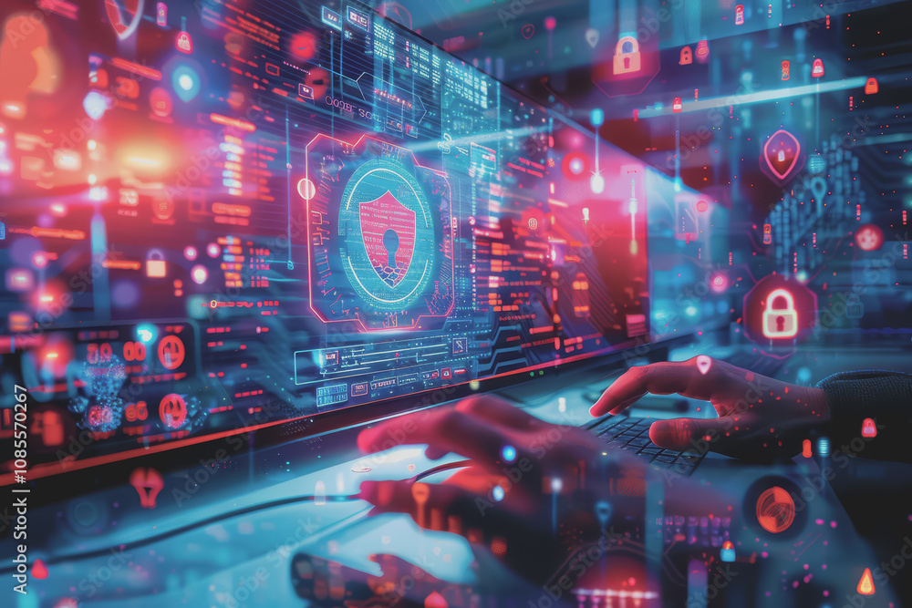 Cyber security on the computer screen shows a secure digital interface with various symbols. Cyber security on the computer screen shows a secure digital interface with various symbols.