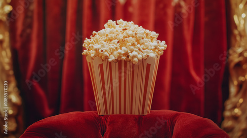 Vintage theater popcorn box overflowing, set against a rich red velvet curtain