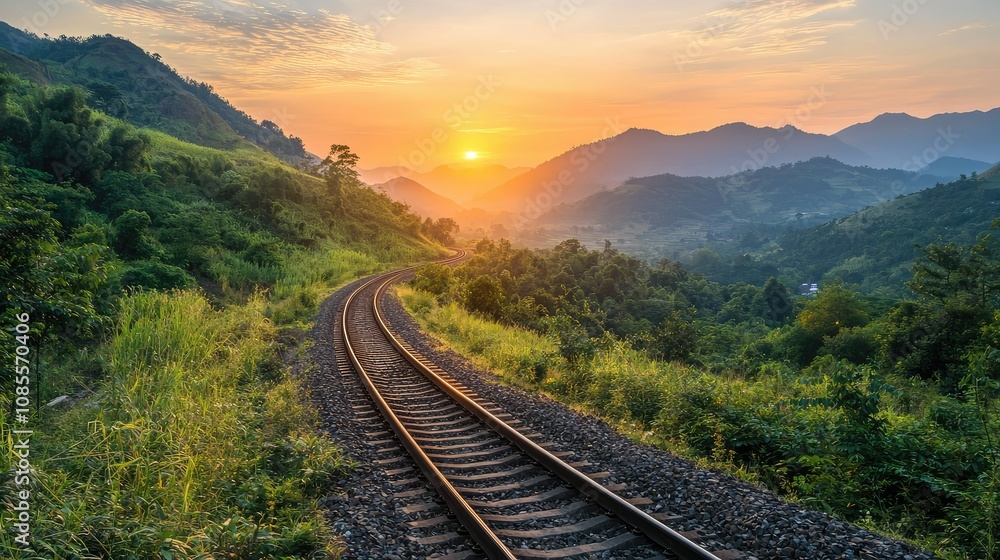 Fototapeta premium Winding Railway Track Through Lush Green Mountains