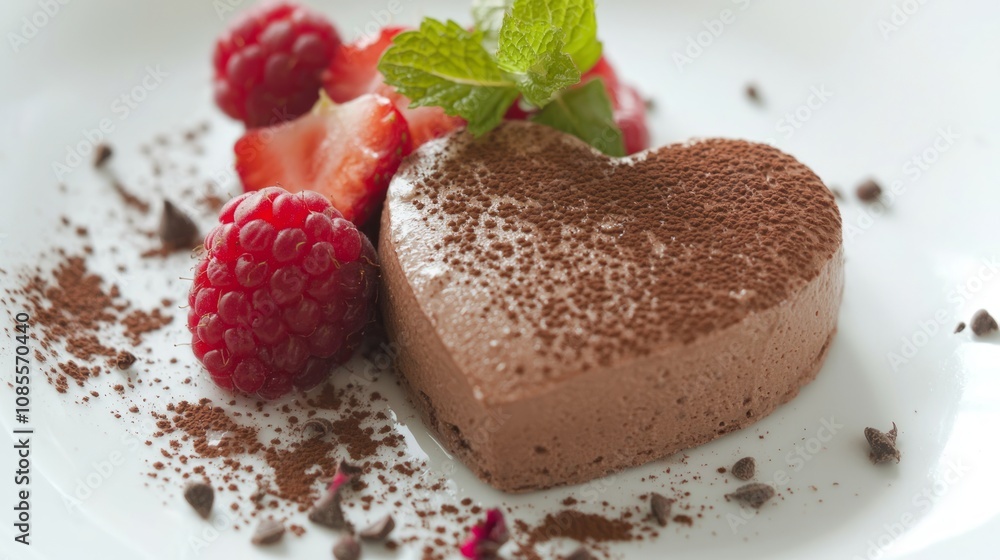 Romance on a Plate: Exquisite Heart-Shaped Chocolate Mousse with Berries and Mint on White Tablecloth Romance on a Plate: Exquisite Heart-Shaped Chocolate Mousse with Berries and Mint on White Tablecloth