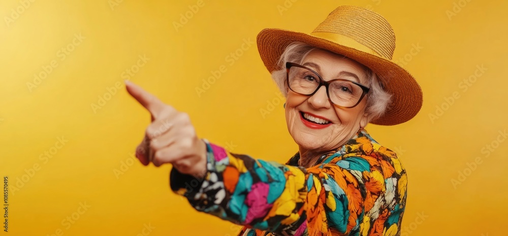 A vibrant and stylish elderly woman with an open smile, wearing colorful , a hat, and glasses, pointing at the camera against a yellow background. A vibrant and stylish elderly woman with an open smile, wearing colorful , a hat, and glasses, pointing at the camera against a yellow background.