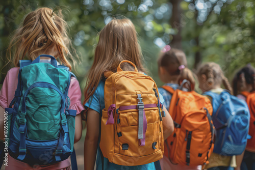 A group of children with backpacks standing in the park near the school.