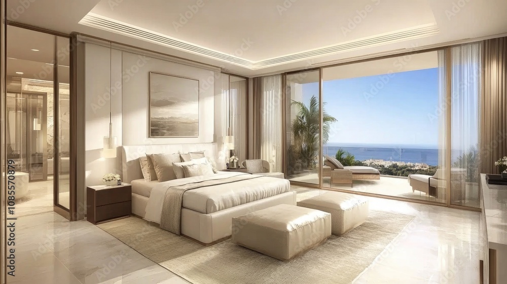 Fototapeta premium Luxurious modern bedroom with large windows, stunning ocean view, elegant decor, and bright natural light creating a serene atmosphere for relaxation and comfort