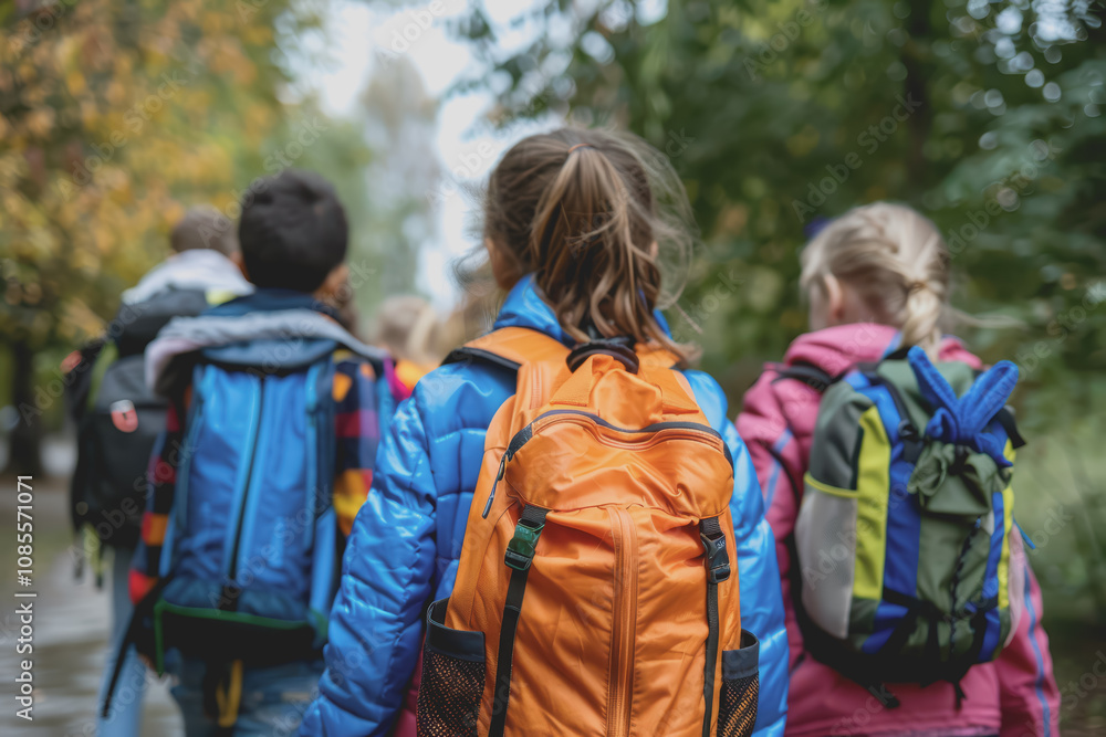 A group of children with backpacks standing in the park near the school. A group of children with backpacks standing in the park near the school.