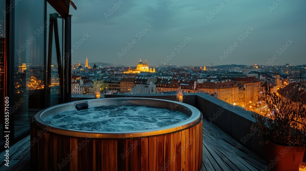 Rooftop Hot Tub with Panoramic City View at Night Rooftop Hot Tub with Panoramic City View at Night