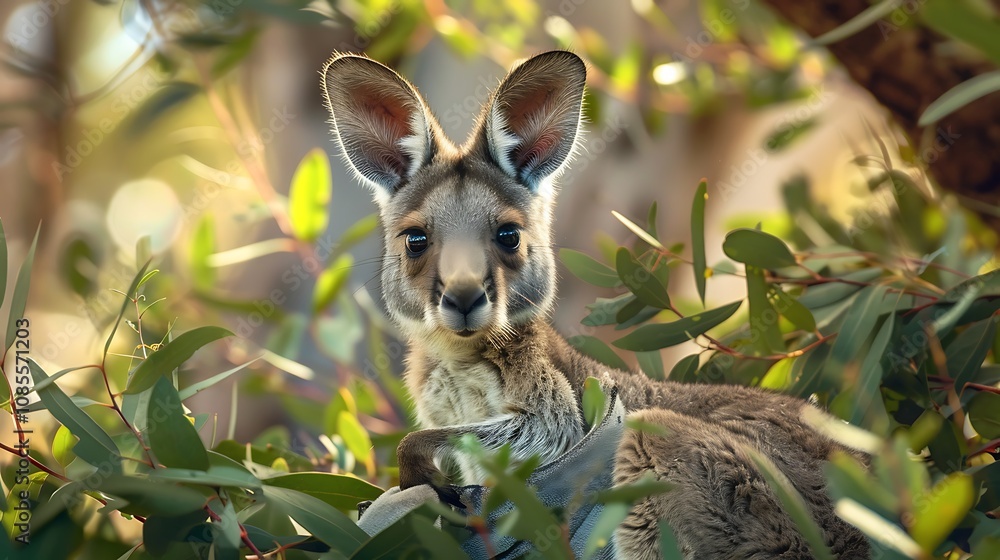 A curious baby kangaroo peeks out from the leaves, blending perfectly with its wild environment. A curious baby kangaroo peeks out from the leaves, blending perfectly with its wild environment.