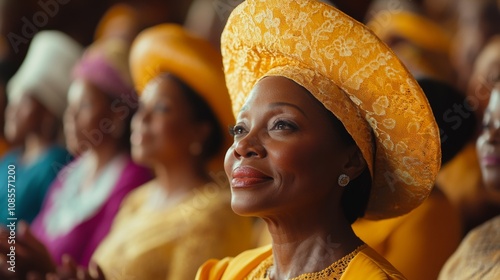 Elderly woman in vibrant hat at church gathering