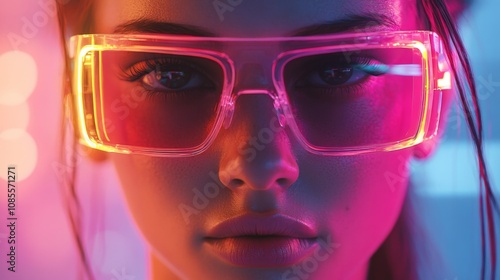 Stylish woman with oversized pink glasses in neon background