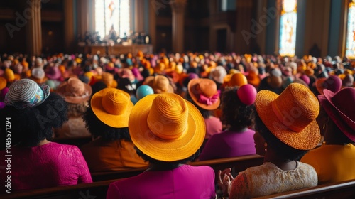 Elderly women gathered at church with colorful hats