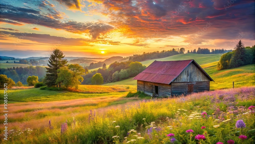 Golden Hour Idyll A Rustic Wooden Cabin Nestled Amidst a Verdant Meadow, Bathed in the Warm Glow of a Sunset, As Rolling Hills Stretch Out Under a Sky Painted With Hues of Orange, Pink, and Purple Golden Hour Idyll A Rustic Wooden Cabin Nestled Amidst a Verdant Meadow, Bathed in the Warm Glow of a Sunset, As Rolling Hills Stretch Out Under a Sky Painted With Hues of Orange, Pink, and Purple