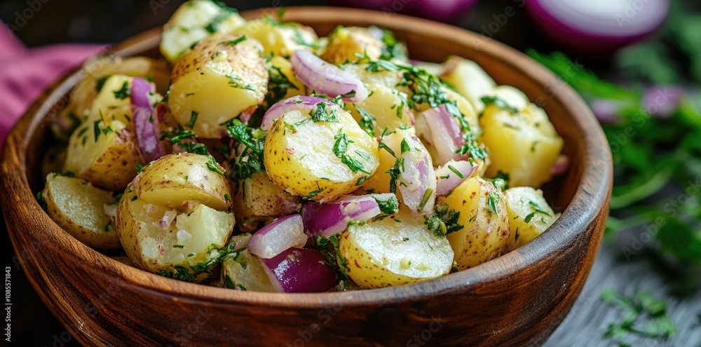 Salad with red onion and herbs in a wooden bowl on a table. Salad with red onion and herbs in a wooden bowl on a table.