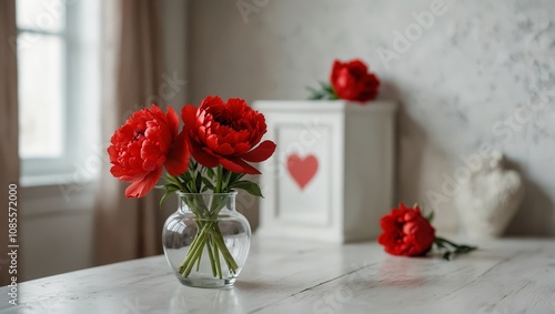 Red peonies in a vase and red heart, white house on a white table with copy space.Mock up for displaying works. Valentine's day holiday background concept