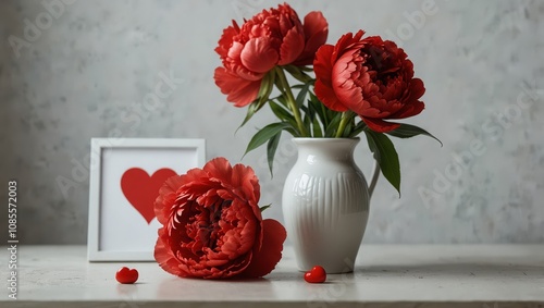 Red peonies in a vase and red heart, white house on a white table with copy space.Mock up for displaying works. Valentine's day holiday background concept