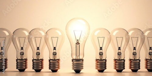 Team of light bulbs standing in a row with one light bulb shining brighter than the rest, symbolizing leadership and innovation, row, shine