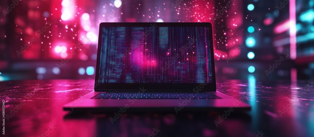 Laptop displaying digital data in vibrant colors. Laptop displaying digital data in vibrant colors.