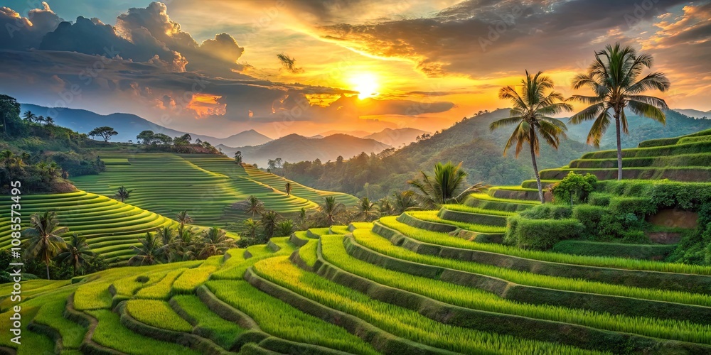 A picturesque vista of verdant rice paddies cascading down a mountainside, bathed in the golden glow of a setting sun, with towering palm trees silhouetted against the vibrant sky. A picturesque vista of verdant rice paddies cascading down a mountainside, bathed in the golden glow of a setting sun, with towering palm trees silhouetted against the vibrant sky.